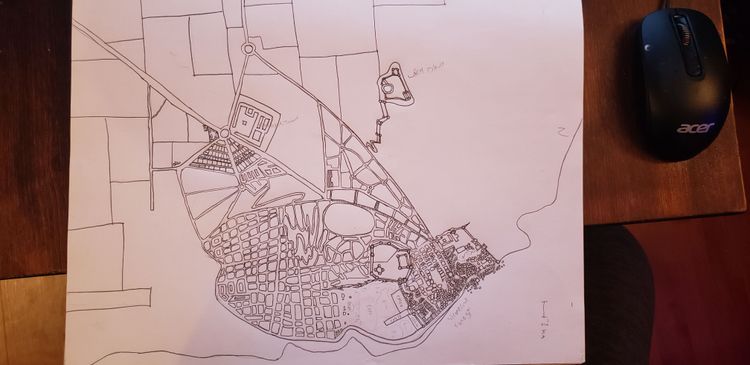 Pencil-outline map of fantasy city